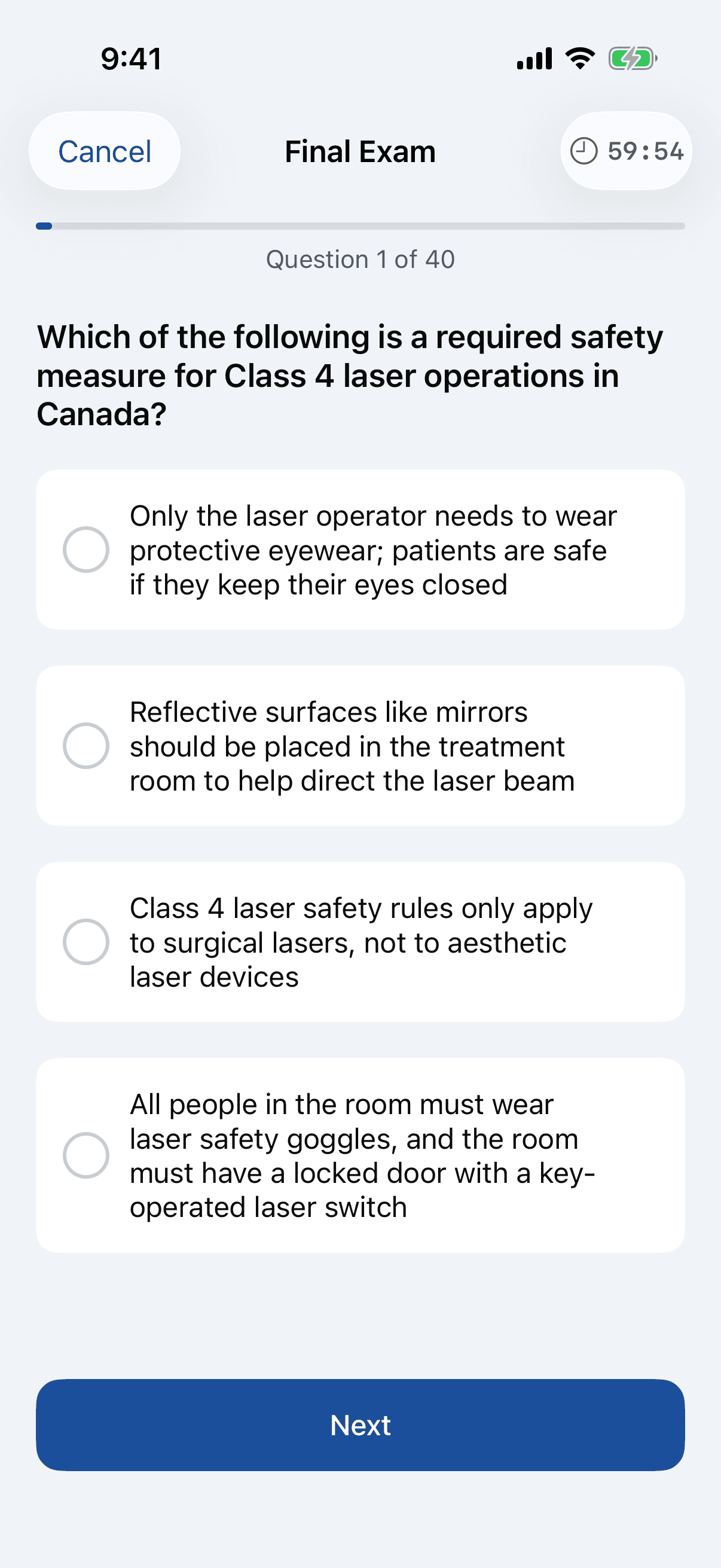 A CCAD final exam question about Class 4 laser safety requirements in Canada