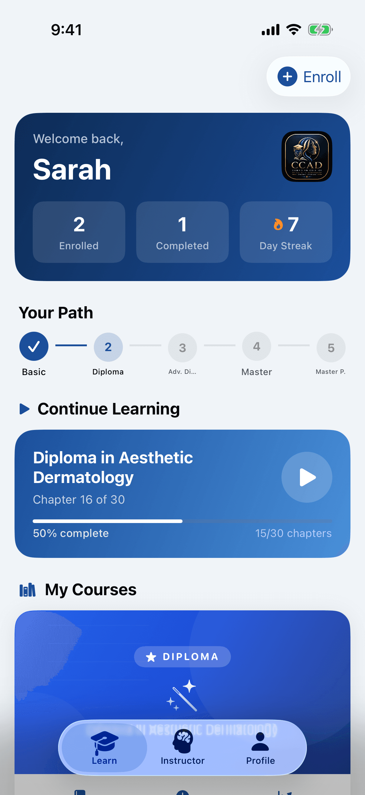 The CCAD app home screen showing a student's five-level progress path and current course