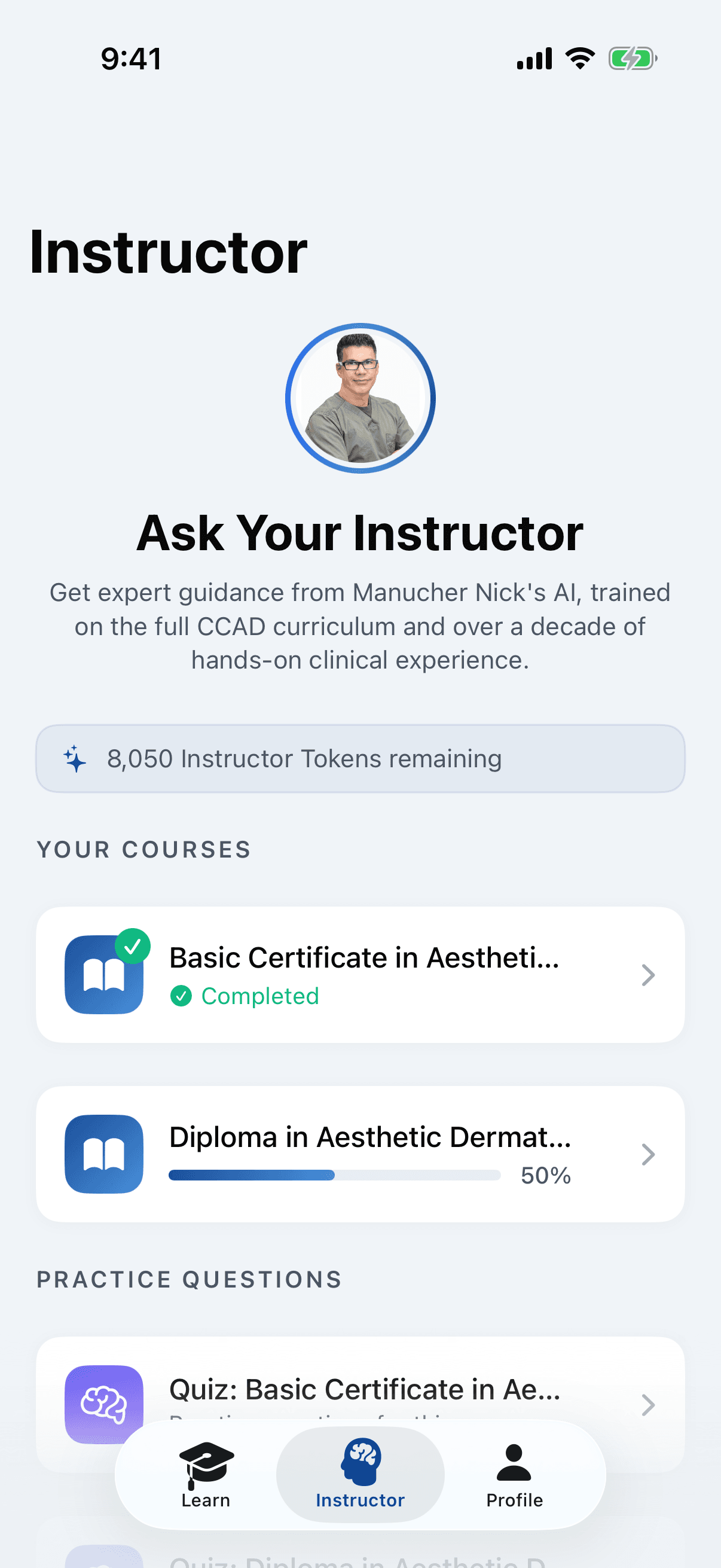 The CCAD AI Instructor screen listing a student's courses, practice questions and exam prep